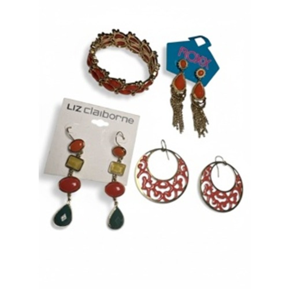 Liz Claiborne Roxx Jewelry Lot Orange Gold Tone‎ Earrings Bracelet Set 4pc